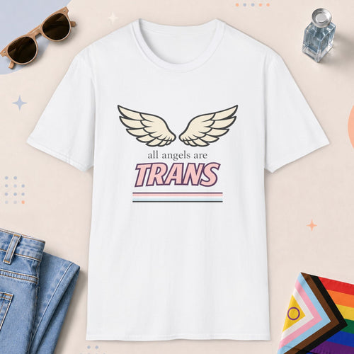 White color all-gender graphic t-shirt with "All Angels Are Trans" design