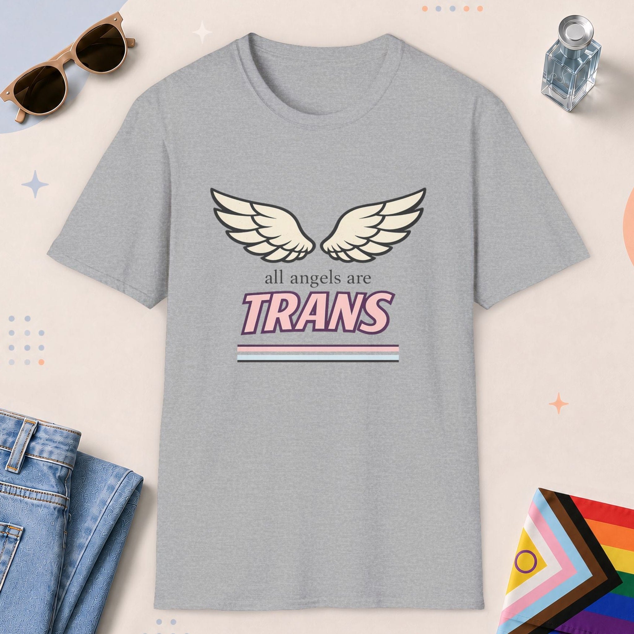 Sport Grey color all-gender graphic t-shirt with "All Angels Are Trans" design