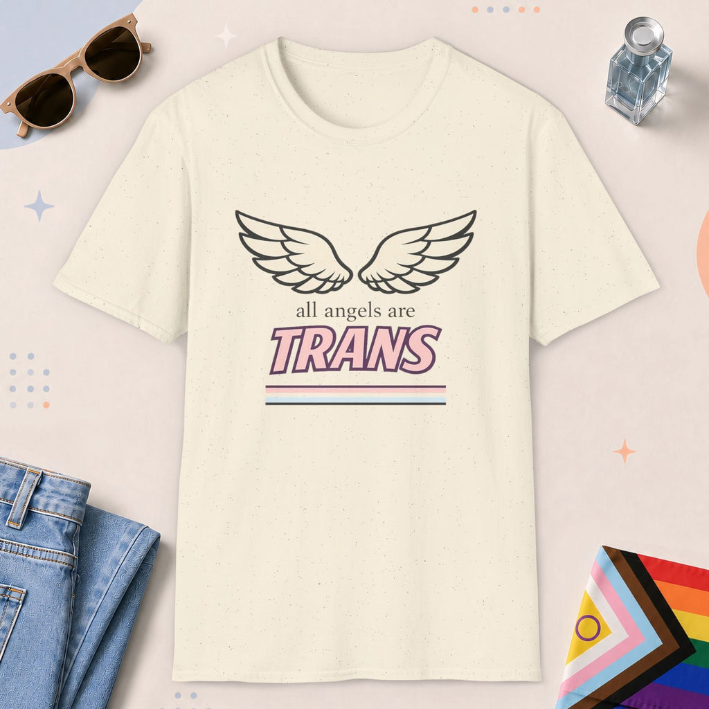 Natural color all-gender graphic t-shirt with "All Angels Are Trans" design