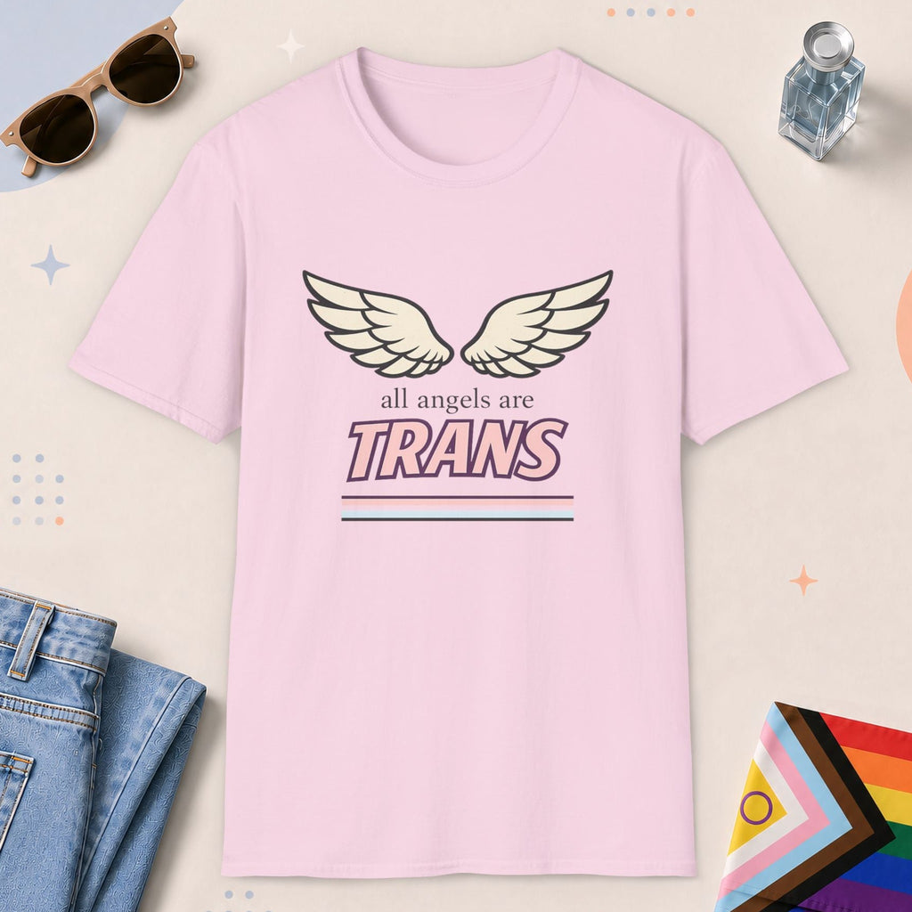 Light Pink color all-gender graphic t-shirt with "All Angels Are Trans" design