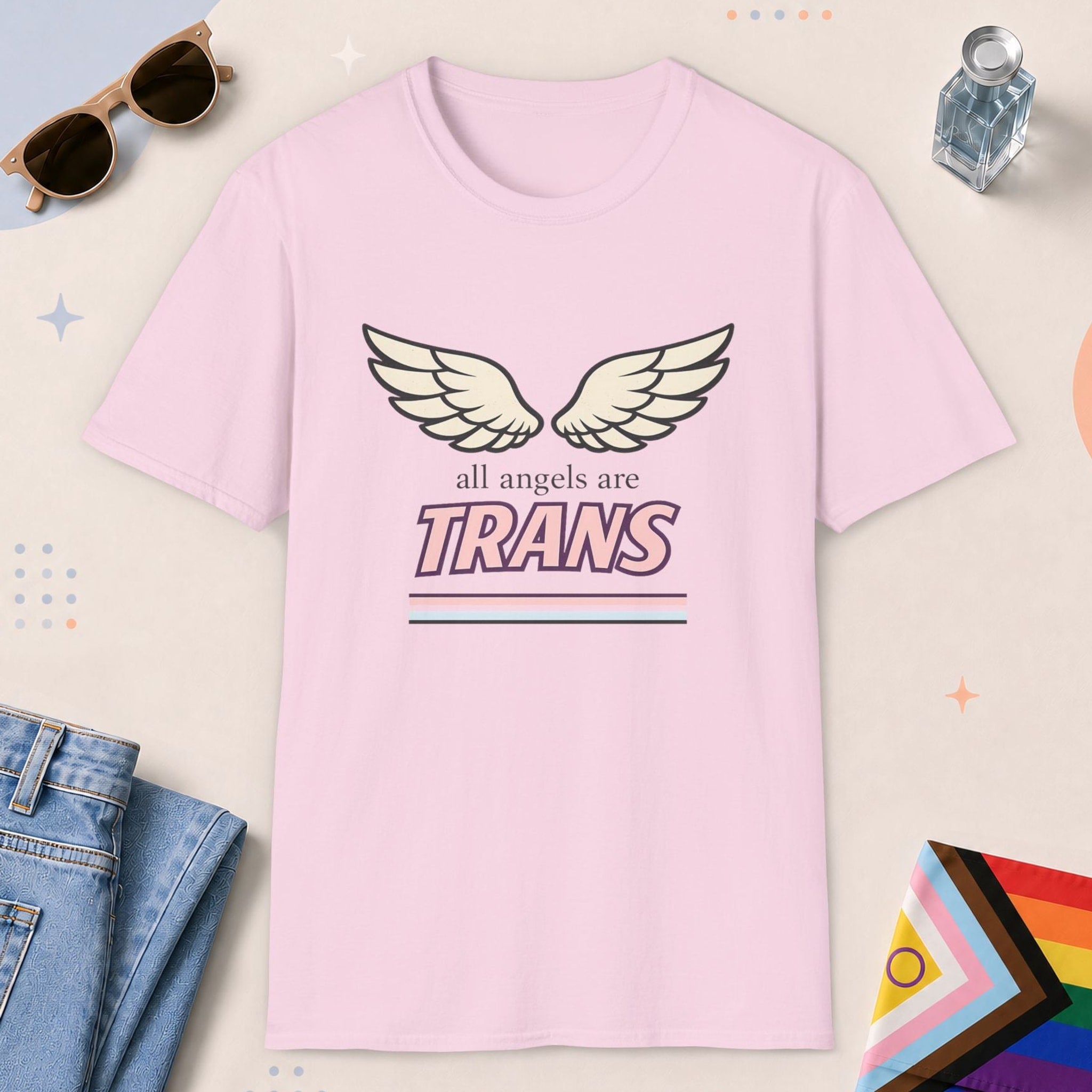Light Pink color all-gender graphic t-shirt with "All Angels Are Trans" design