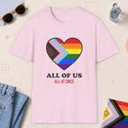 Light Pink color all-gender graphic t-shirt with "All Of Us" design