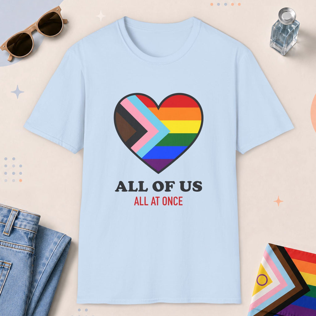 Light Blue color all-gender graphic t-shirt with "All Of Us" design