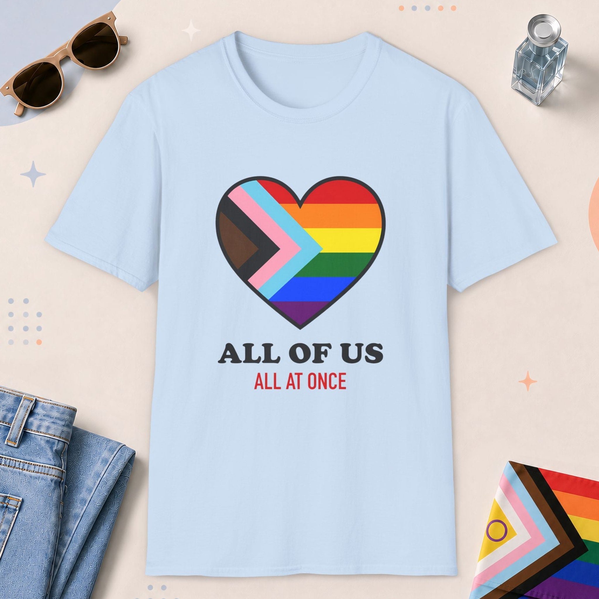 Light Blue color all-gender graphic t-shirt with "All Of Us" design