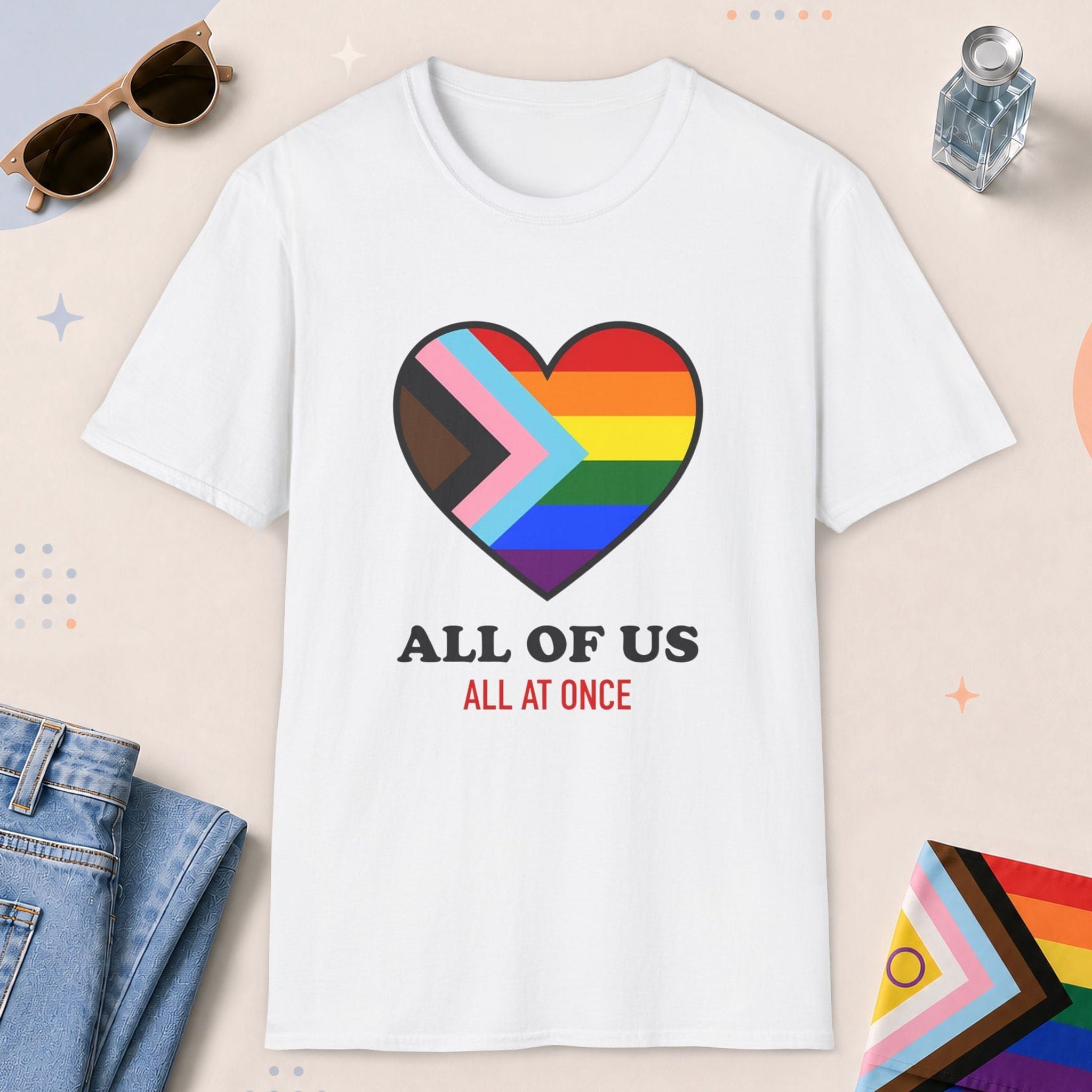 White color all-gender graphic t-shirt with "All Of Us" design
