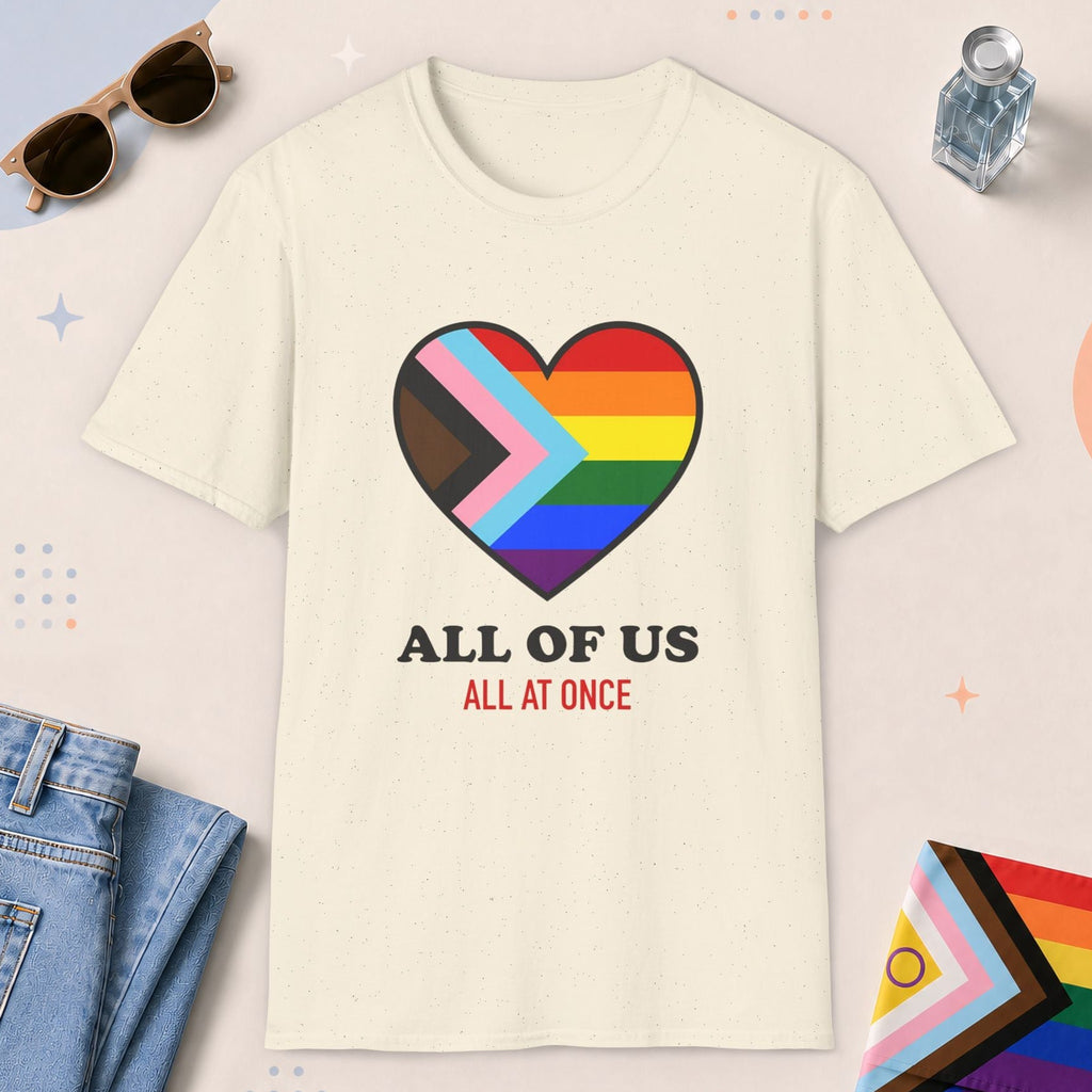 Natural color all-gender graphic t-shirt with "All Of Us" design