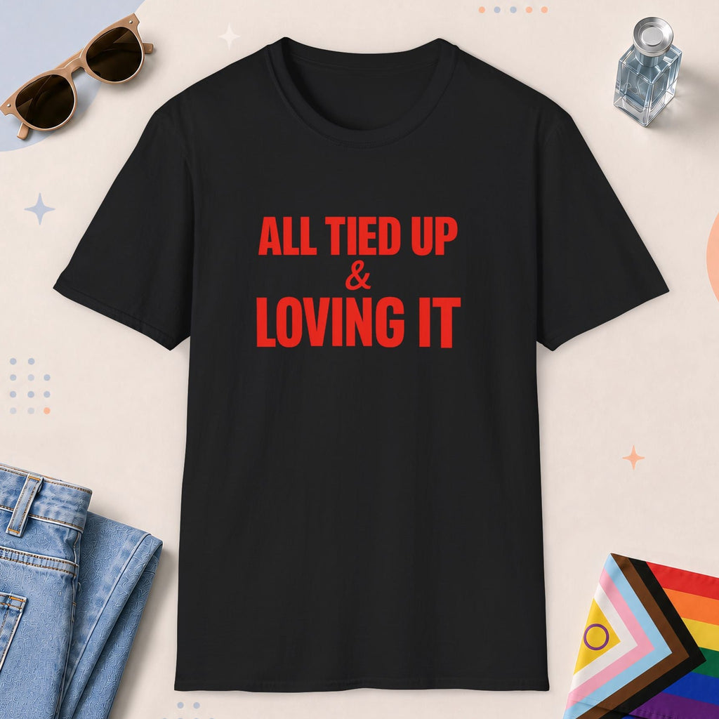 Black color all-gender graphic t-shirt with "All Tied Up" design