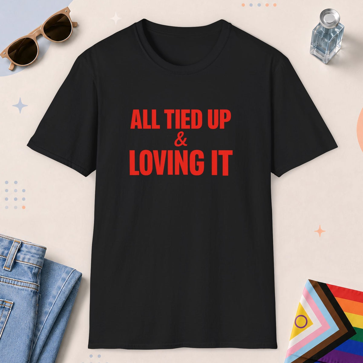 Black color all-gender graphic t-shirt with "All Tied Up" design