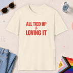 Natural color all-gender graphic t-shirt with "All Tied Up" design