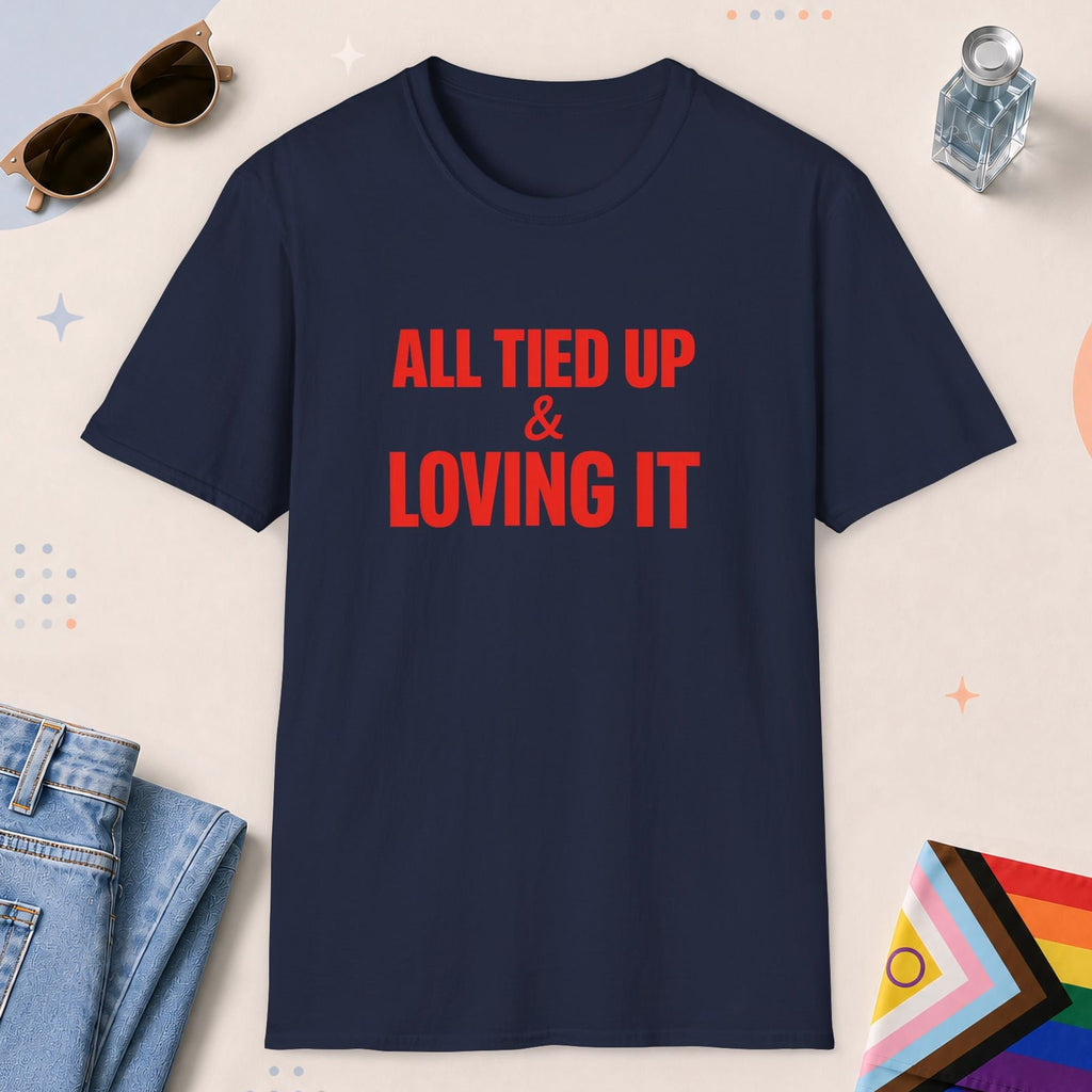Navy color all-gender graphic t-shirt with "All Tied Up" design