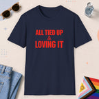Navy color all-gender graphic t-shirt with "All Tied Up" design