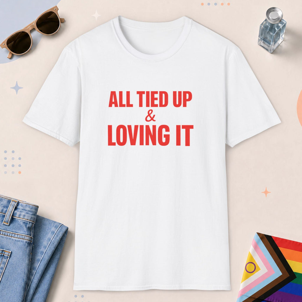 White color all-gender graphic t-shirt with "All Tied Up" design