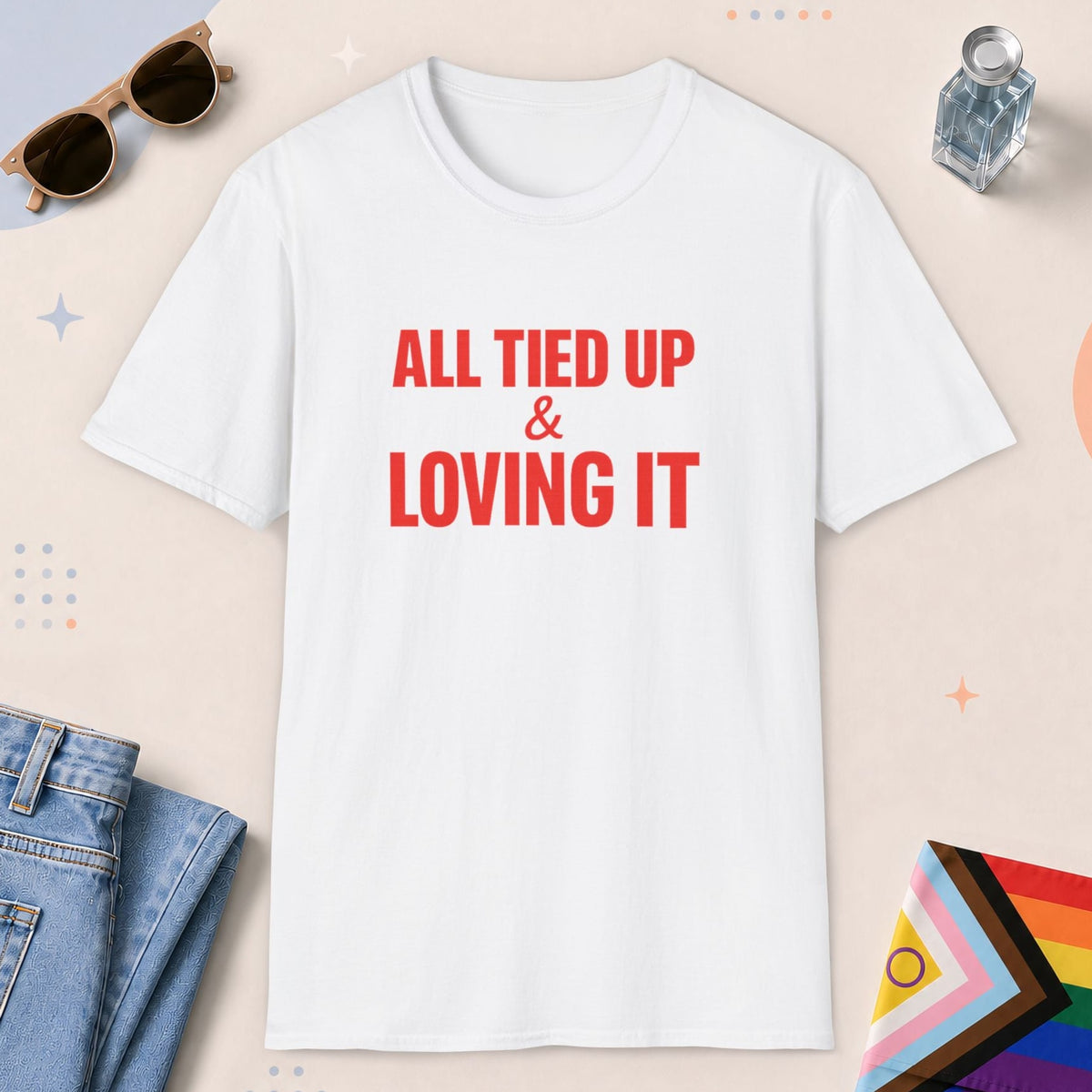 White color all-gender graphic t-shirt with "All Tied Up" design