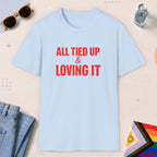 Light Blue color all-gender graphic t-shirt with "All Tied Up" design