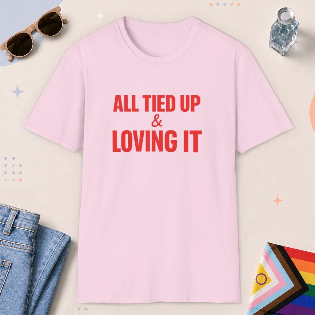 Light Pink color all-gender graphic t-shirt with "All Tied Up" design