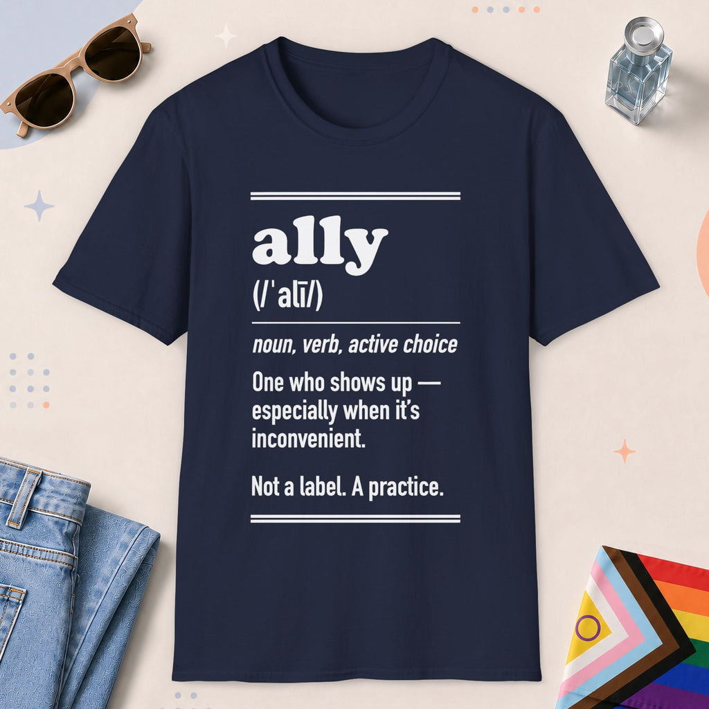 Navy color all-gender graphic t-shirt with "Ally Definition" design