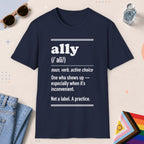 Navy color all-gender graphic t-shirt with "Ally Definition" design