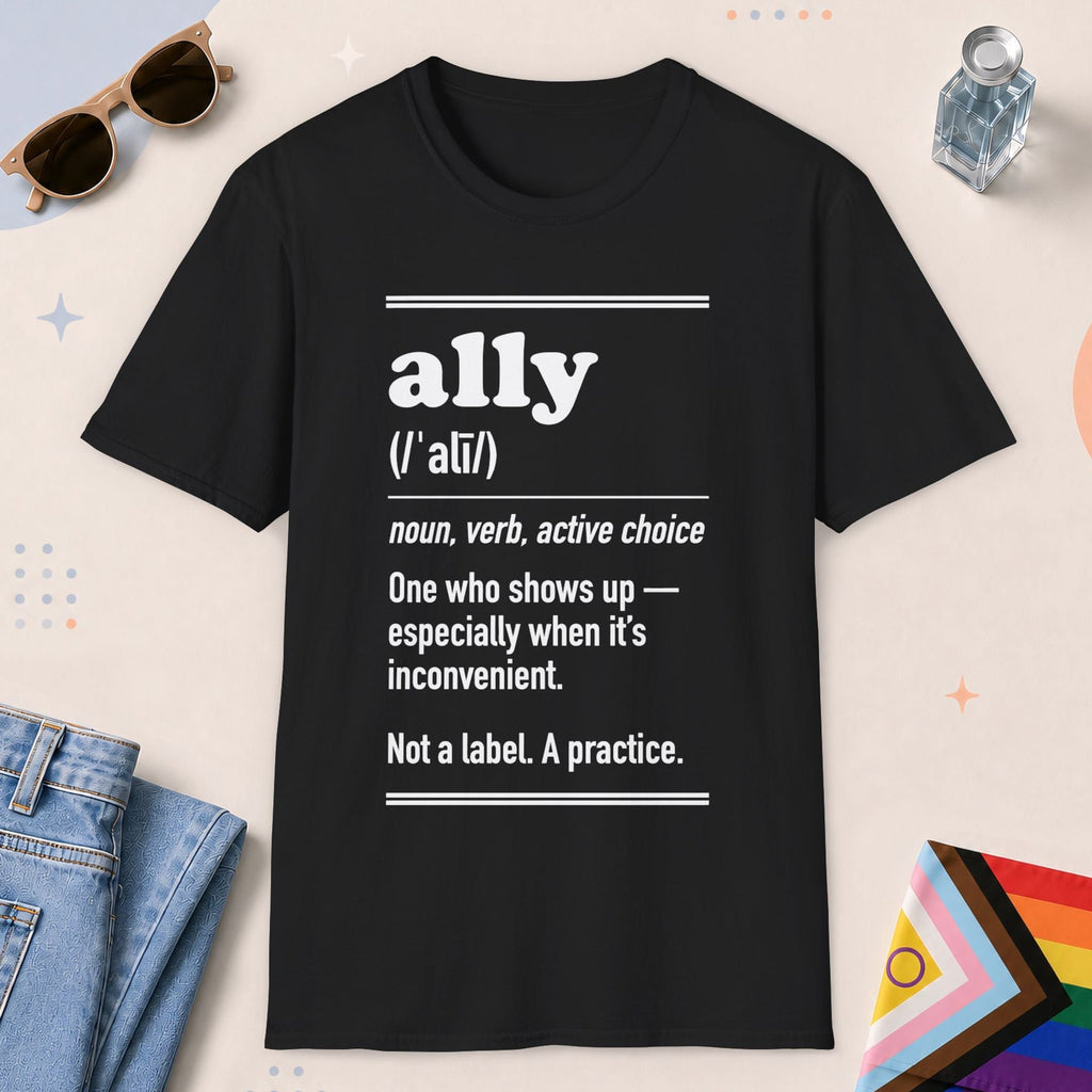 Black color all-gender graphic t-shirt with "Ally Definition" design