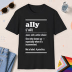 Black color all-gender graphic t-shirt with "Ally Definition" design
