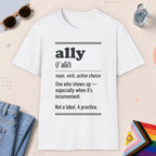 White color all-gender graphic t-shirt with "Ally Definition" design
