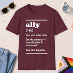 Maroon color all-gender graphic t-shirt with "Ally Definition" design