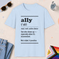 Light Blue color all-gender graphic t-shirt with "Ally Definition" design