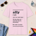 Light Pink color all-gender graphic t-shirt with "Ally Definition" design
