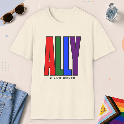 Natural color all-gender graphic t-shirt with "Ally" design