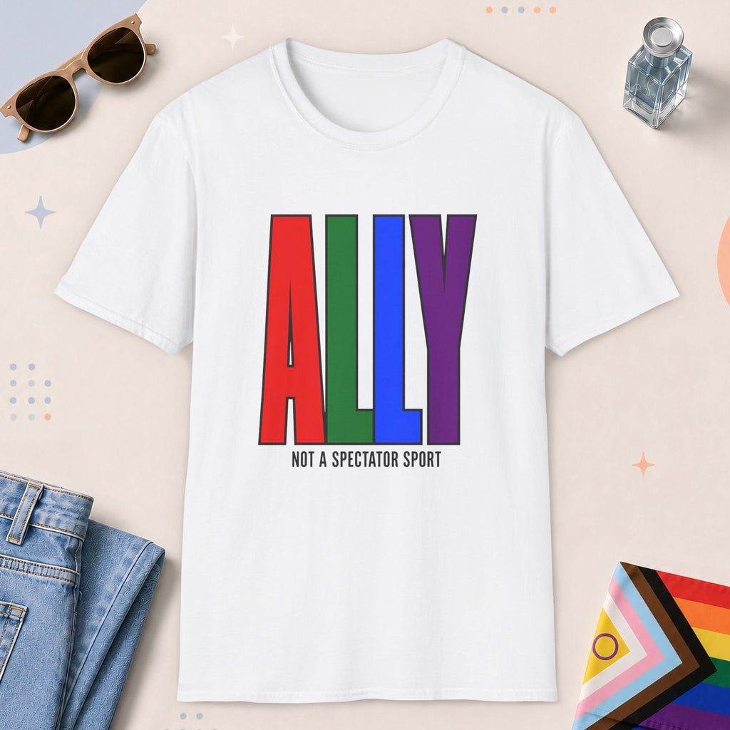 White color all-gender graphic t-shirt with "Ally" design