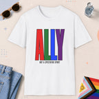 White color all-gender graphic t-shirt with "Ally" design