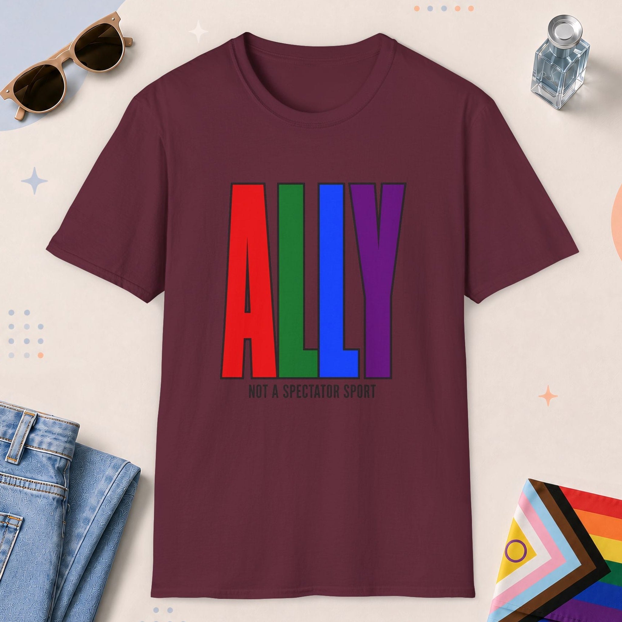 Maroon color all-gender graphic t-shirt with "Ally" design