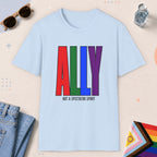 Light Blue color all-gender graphic t-shirt with "Ally" design