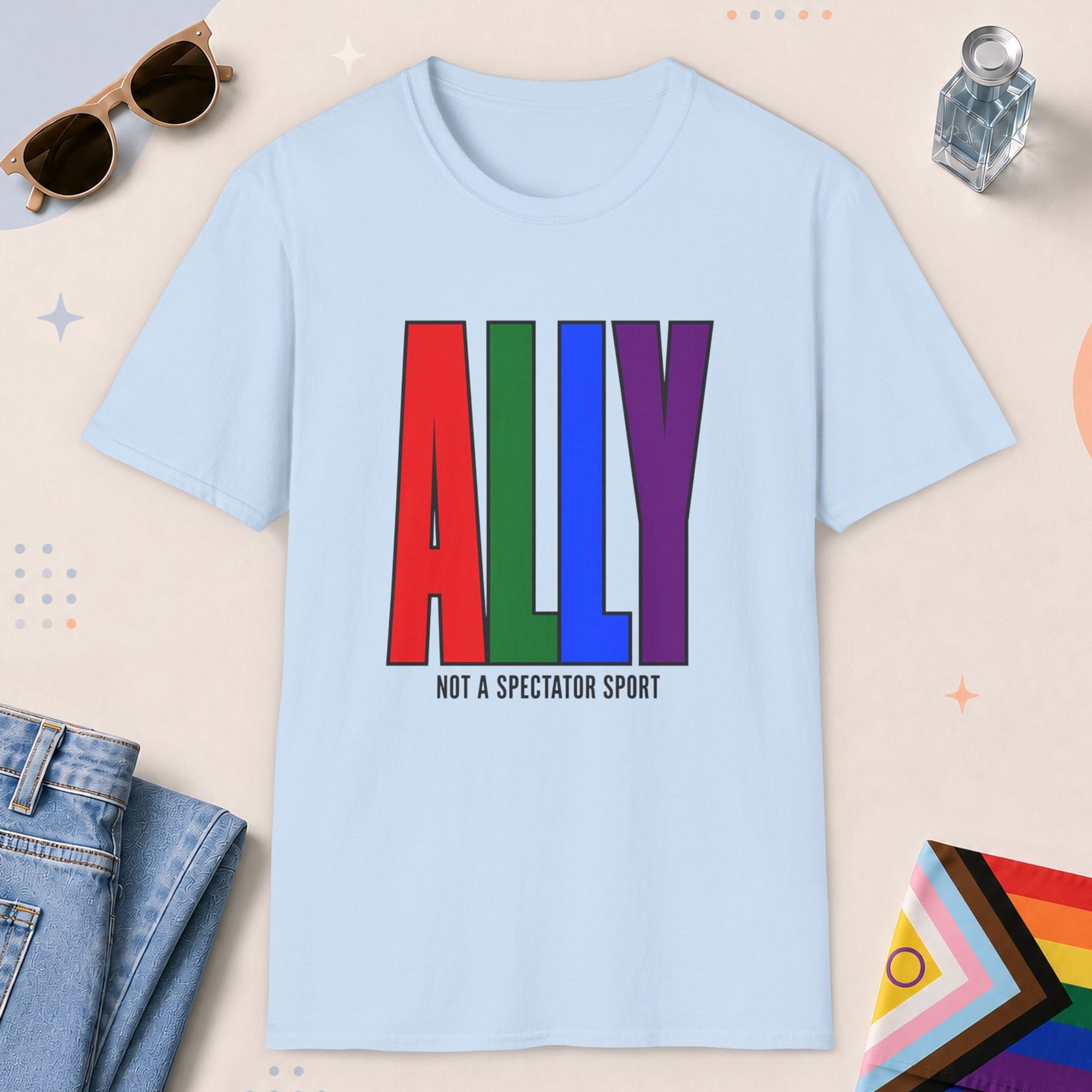 Light Blue color all-gender graphic t-shirt with "Ally" design