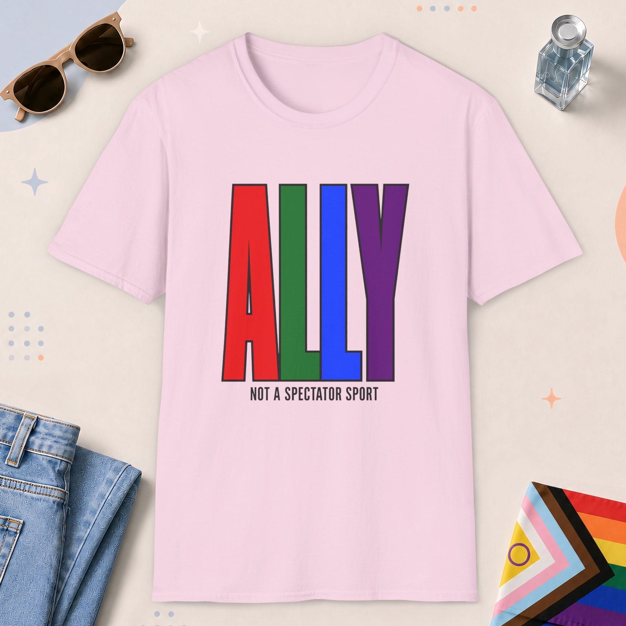 Light Pink color all-gender graphic t-shirt with "Ally" design