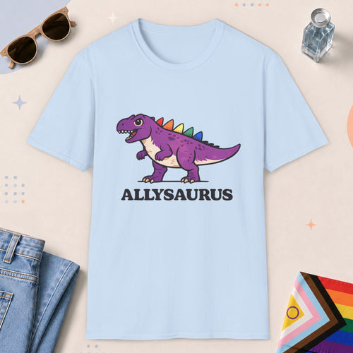 Light Blue color all-gender graphic t-shirt with "Allysaurus" design