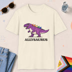 Natural color all-gender graphic t-shirt with "Allysaurus" design