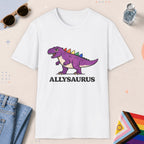 White color all-gender graphic t-shirt with "Allysaurus" design