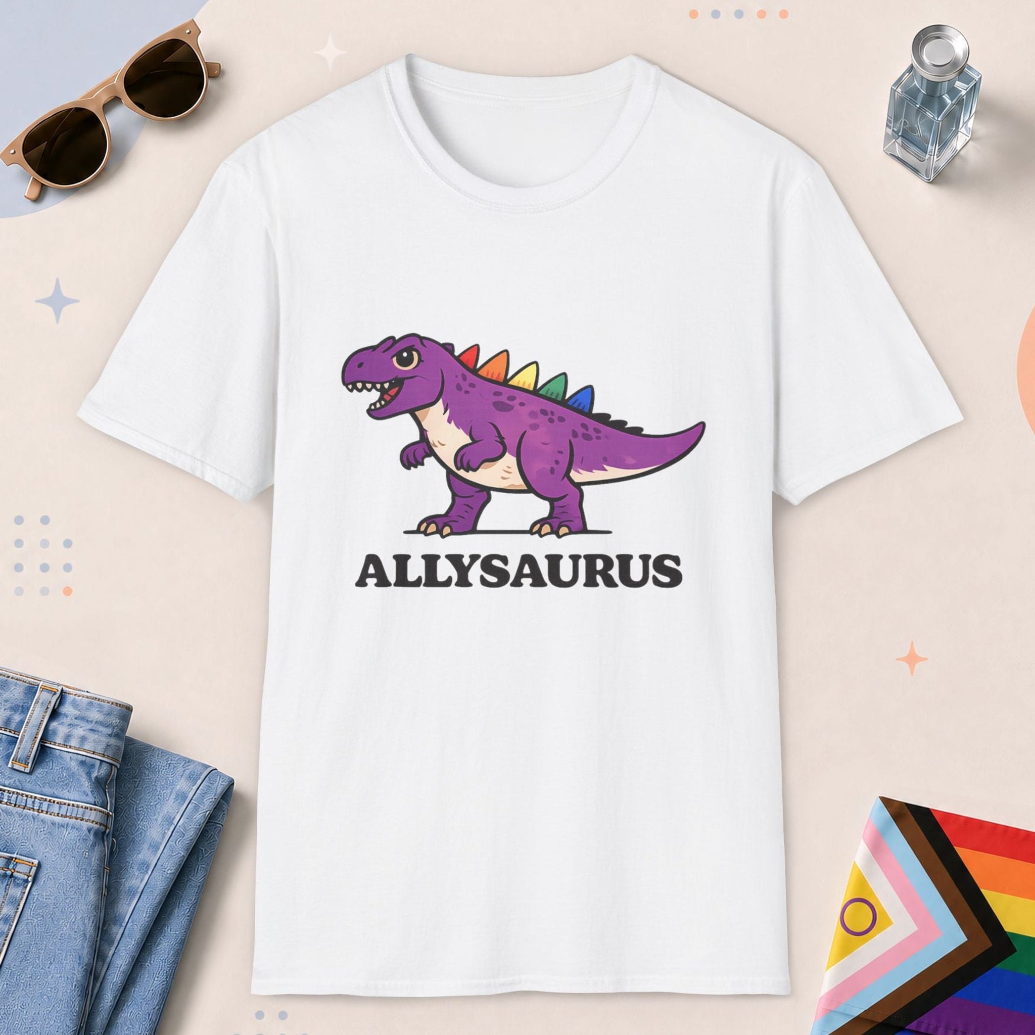 White color all-gender graphic t-shirt with "Allysaurus" design