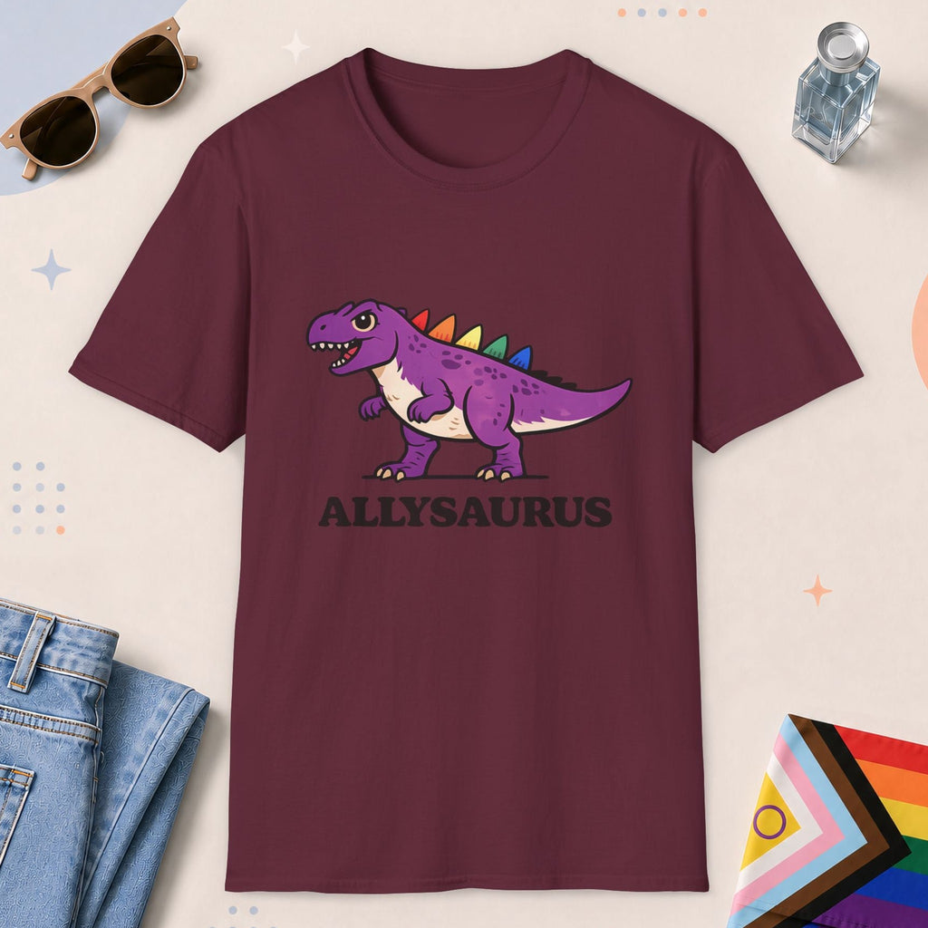 Maroon color all-gender graphic t-shirt with "Allysaurus" design