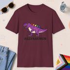 Maroon color all-gender graphic t-shirt with "Allysaurus" design