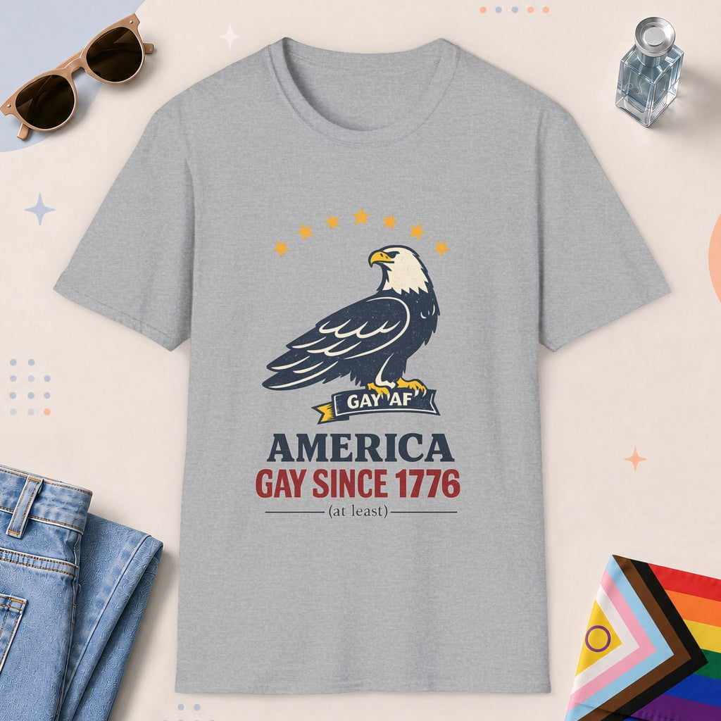 Sport Grey color all-gender graphic t-shirt with "America Gay Since 1776" design