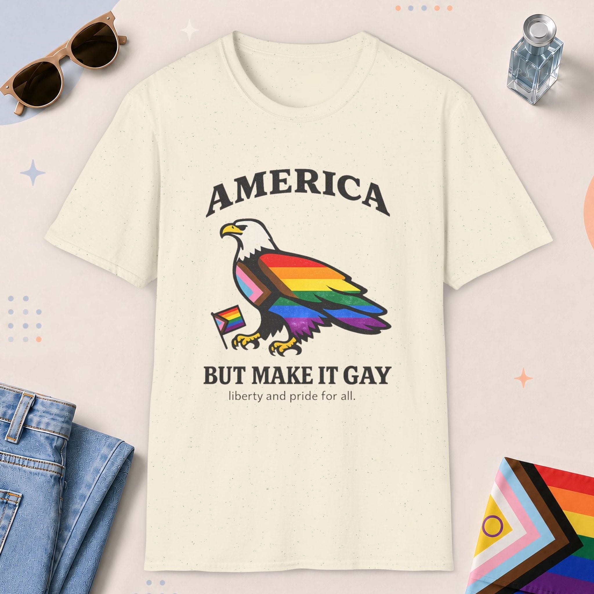 Natural color all-gender graphic t-shirt with "America Make It Gay" design