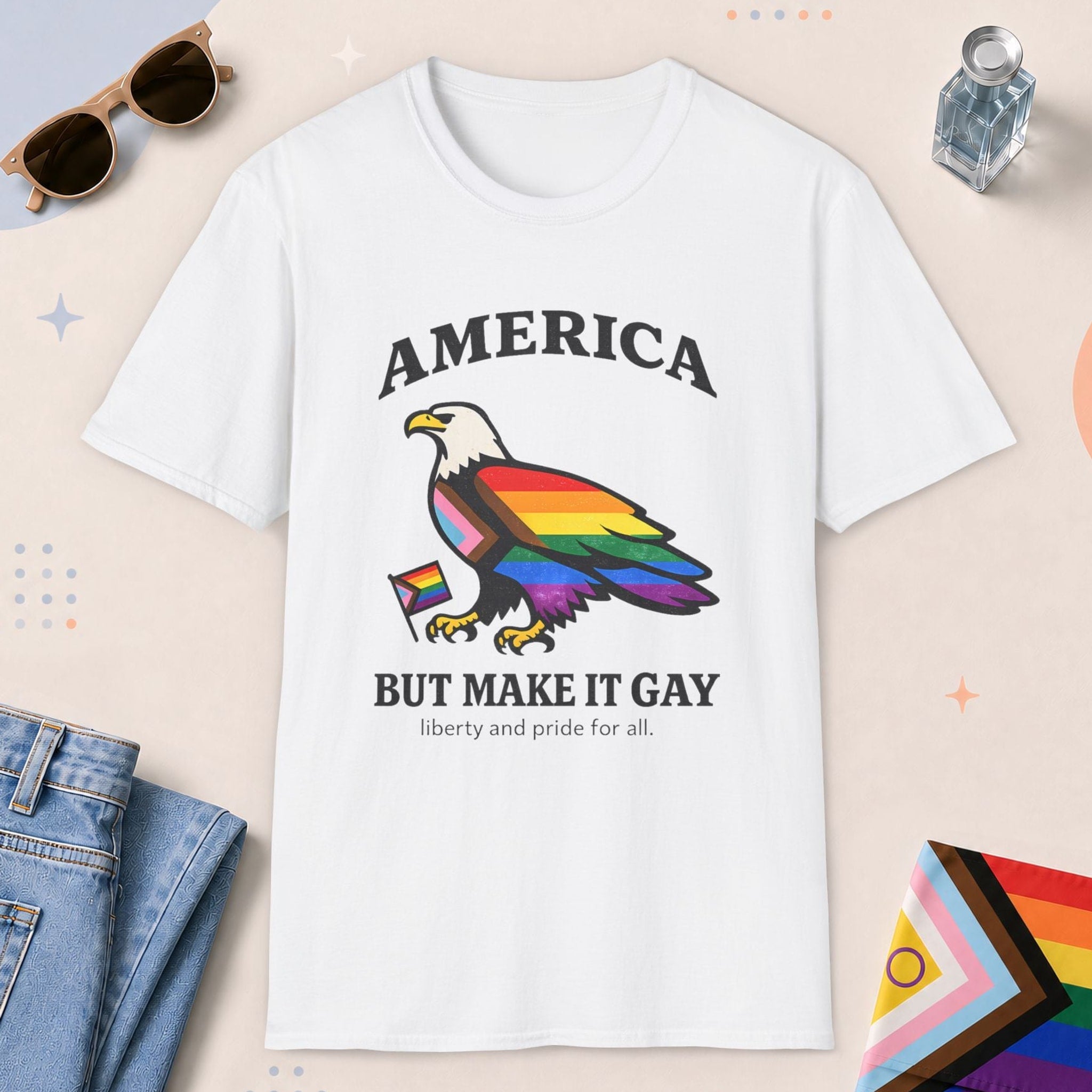 White color all-gender graphic t-shirt with "America Make It Gay" design