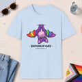 Light Blue color all-gender graphic t-shirt with "Batually Gay" design