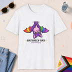 White color all-gender graphic t-shirt with "Batually Gay" design