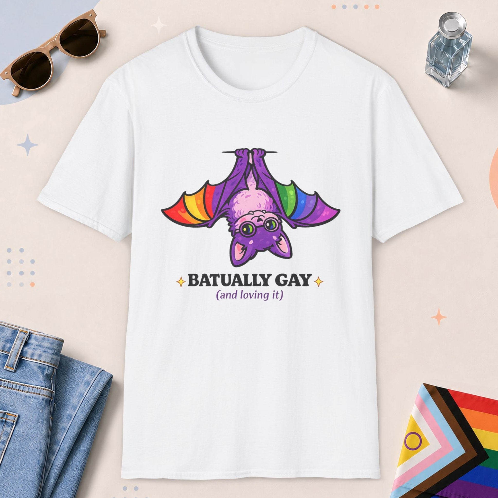 White color all-gender graphic t-shirt with "Batually Gay" design