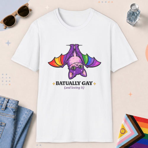 White color all-gender graphic t-shirt with "Batually Gay" design