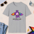 Sport Grey color all-gender graphic t-shirt with "Batually Gay" design