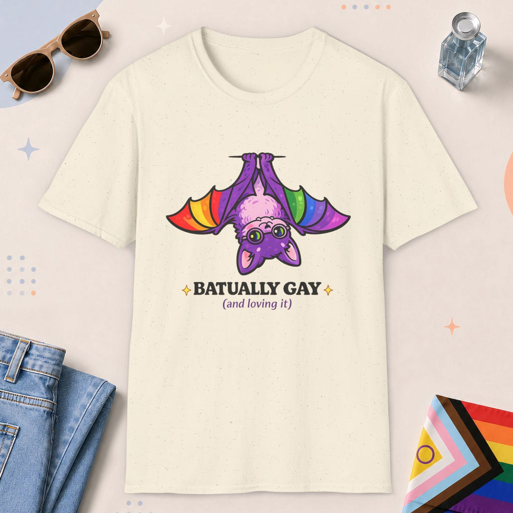 Natural color all-gender graphic t-shirt with "Batually Gay" design