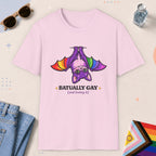 Light Pink color all-gender graphic t-shirt with "Batually Gay" design